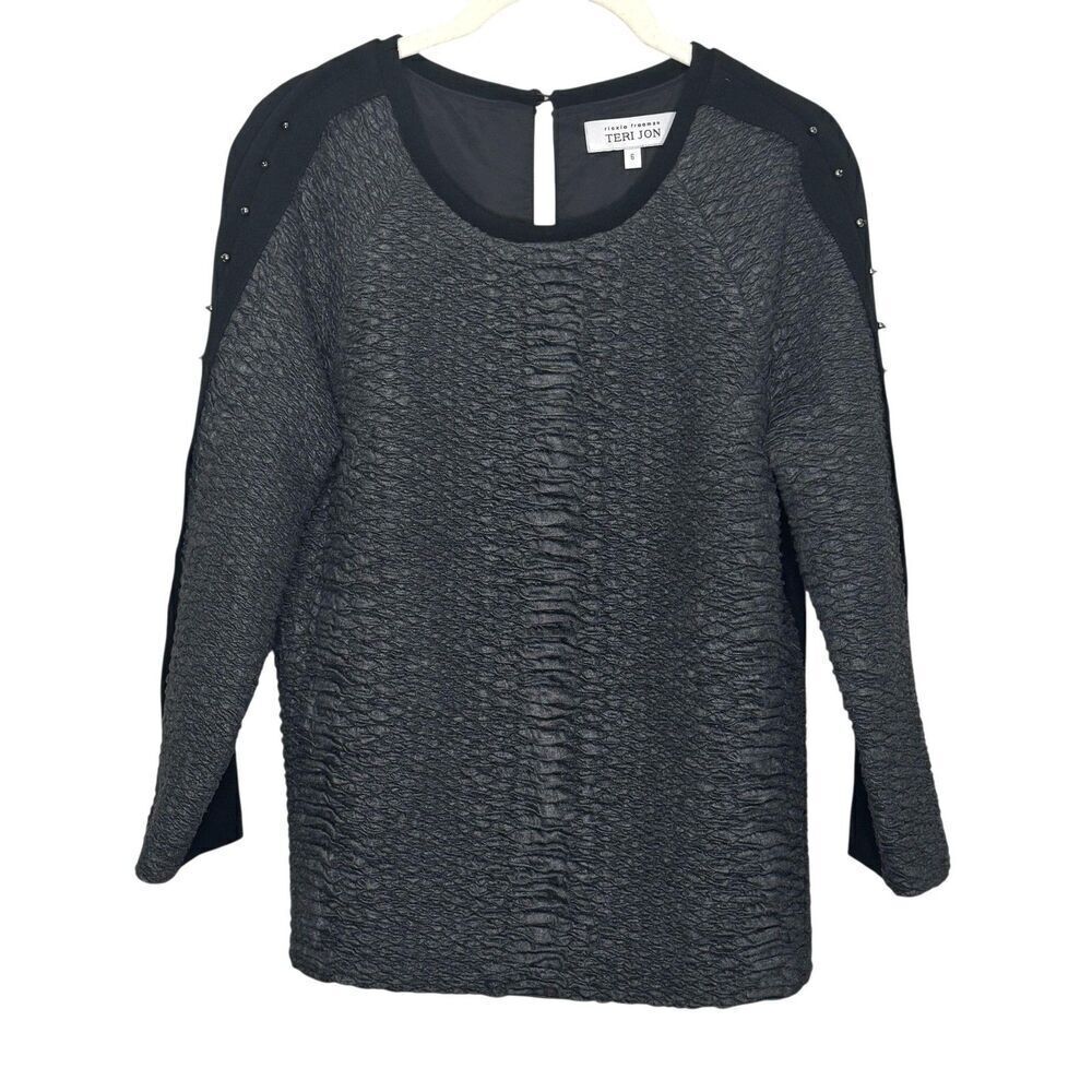 Teri Jon Textured Pullover Top Womens 6 Black Gray Studded Sleeve Dressy Blouse